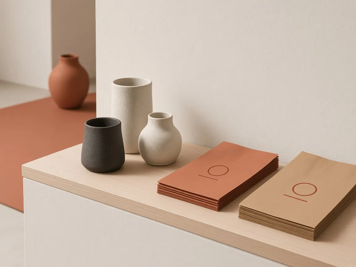 Stoneware vessels beside stacks of terracotta and kraft paper bags
