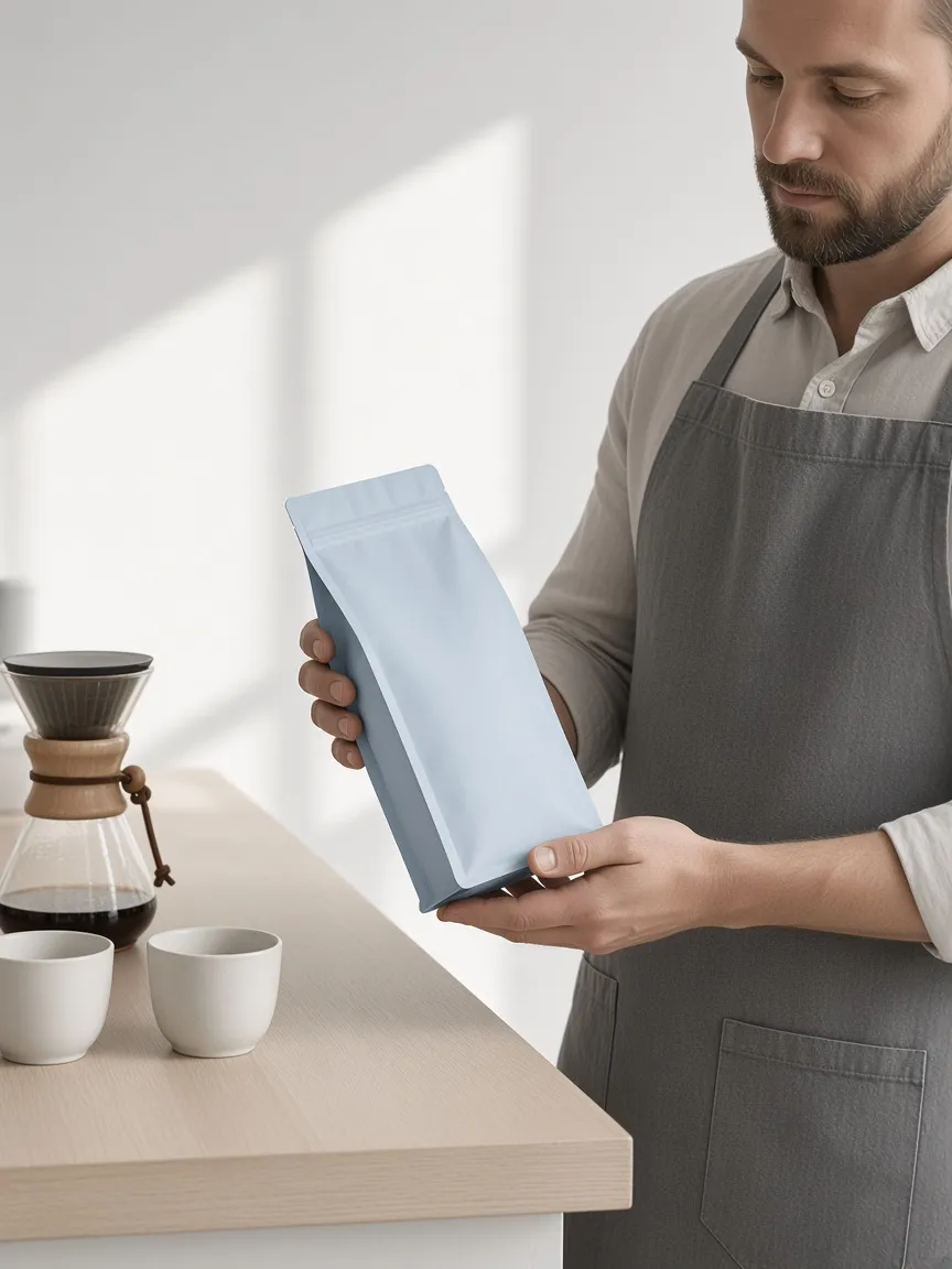 A barista holding a pale blue coffee bag behind a wooden counter