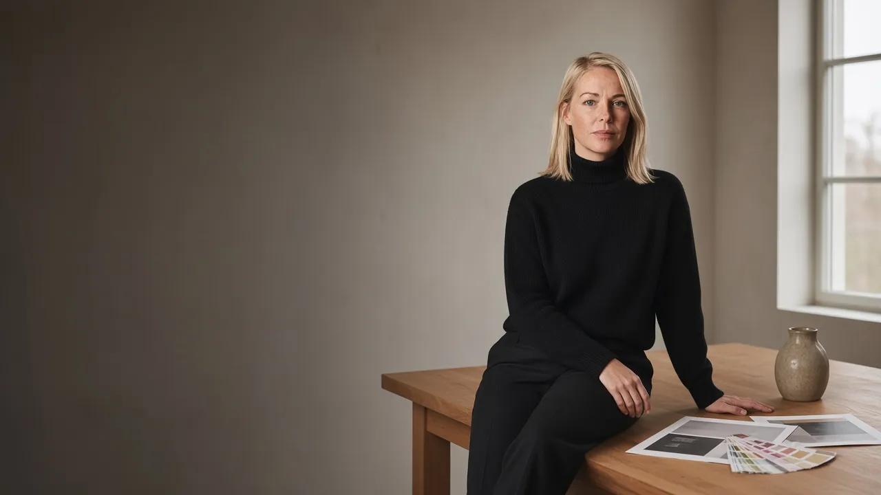 Ingrid Solberg sitting on the worktable in her Oslo studio