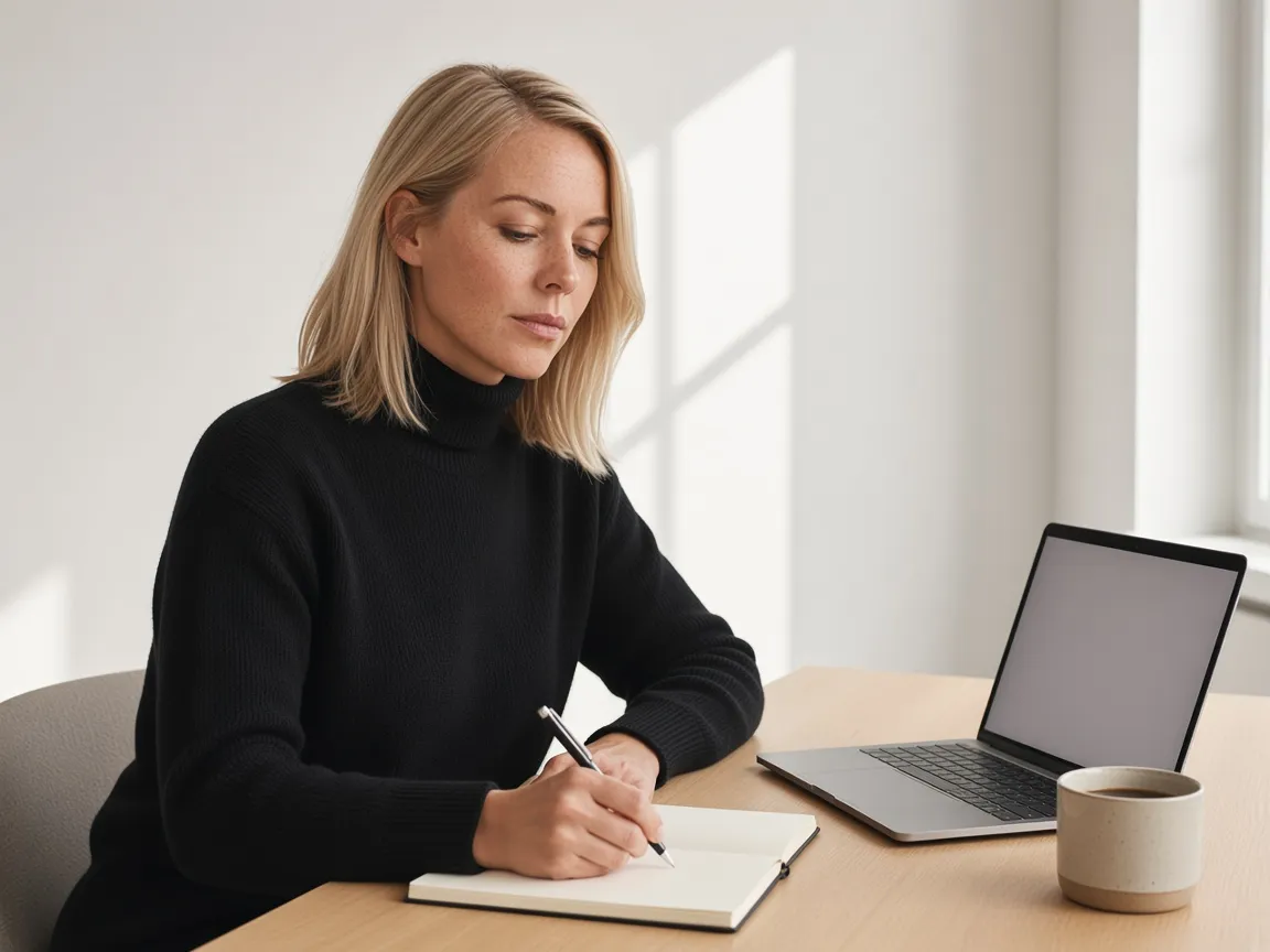 Ingrid writing in a notebook at her desk beside a laptop and a cup of coffee