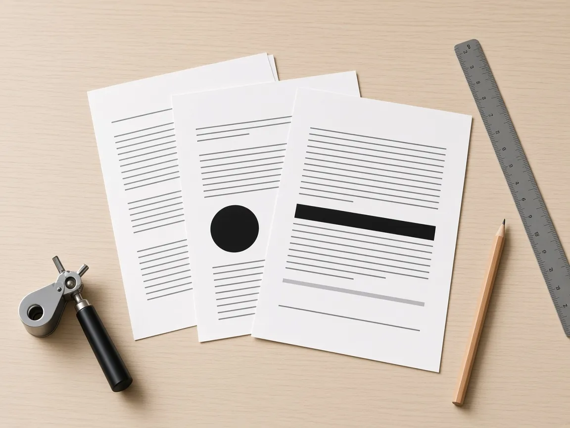 Printed type proofs with a black circle and bar beside a ruler and a loupe