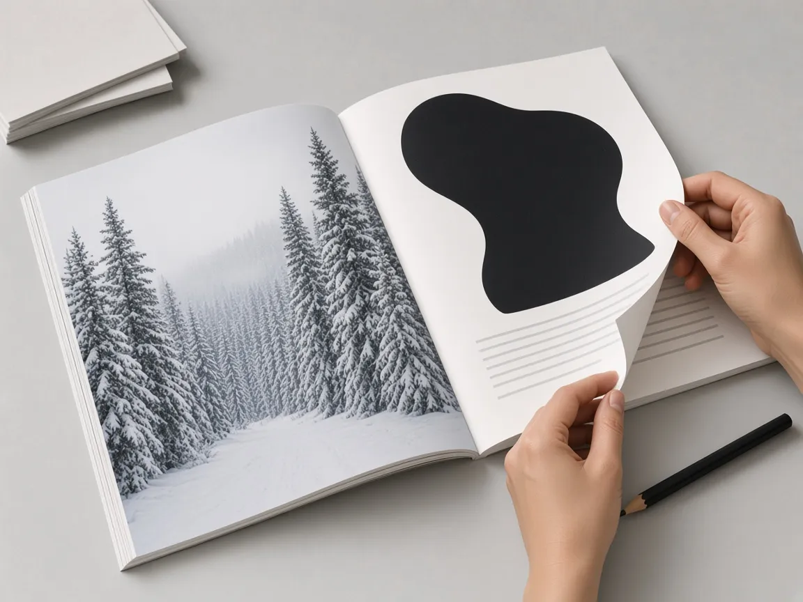 Hands turning a magazine page from a snowy forest to a black shape