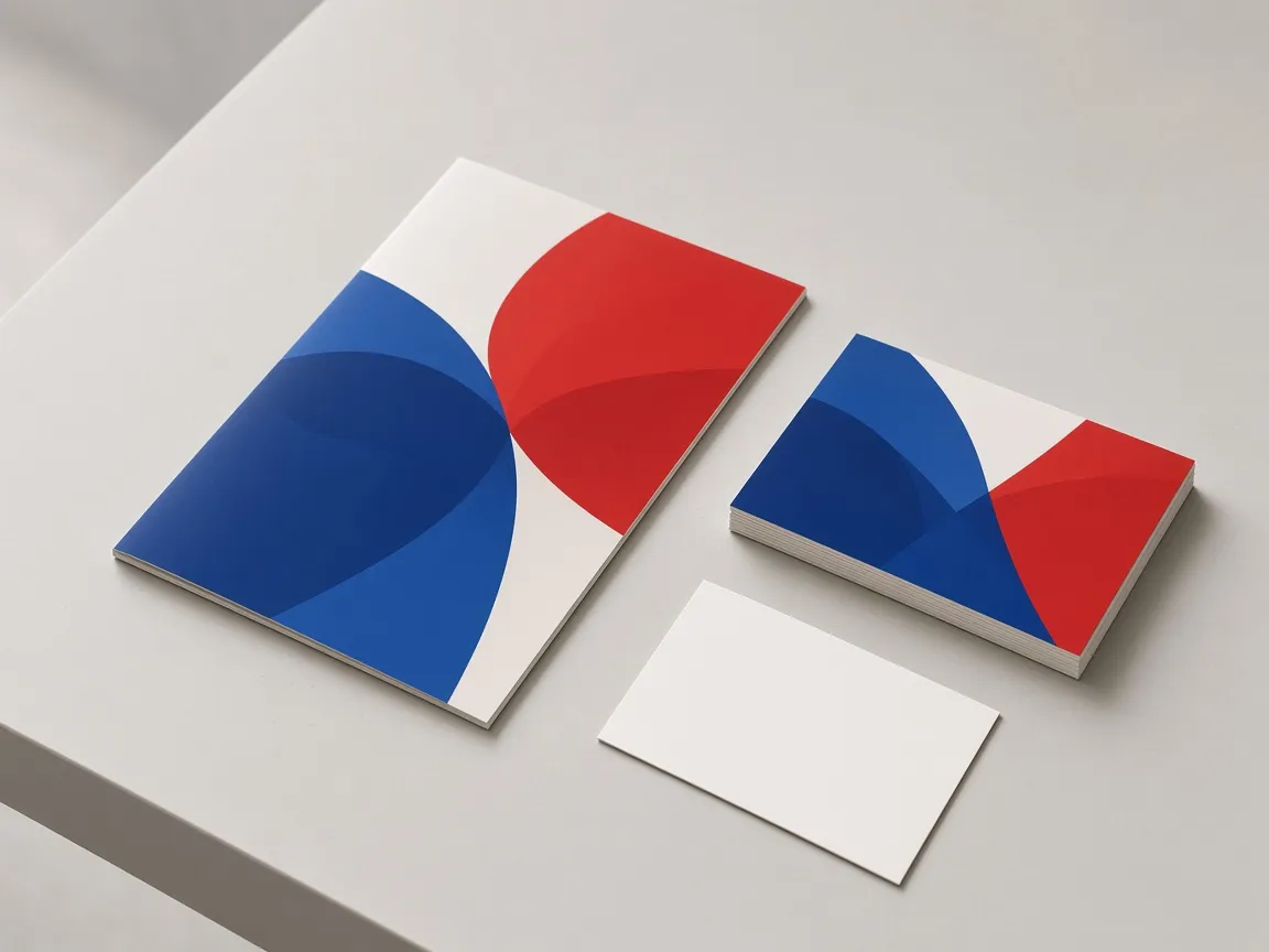 An exhibition leaflet and postcards printed with red and blue shapes