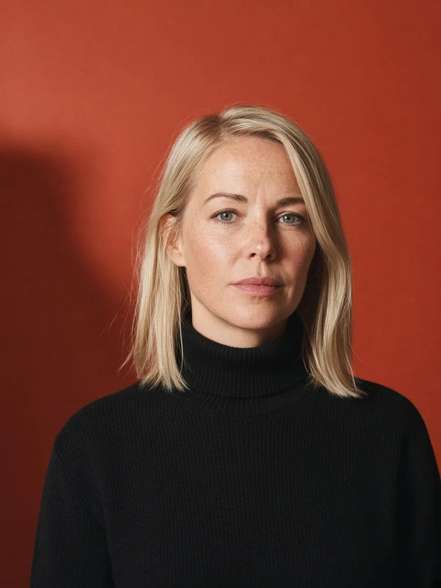 Ingrid Solberg in a black knit against a red studio backdrop