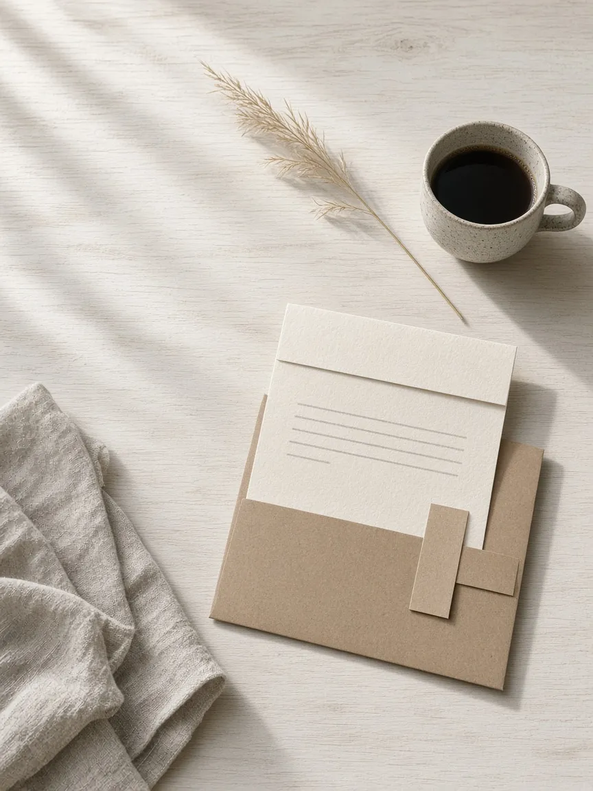 A letter half out of a kraft envelope beside a cup of coffee
