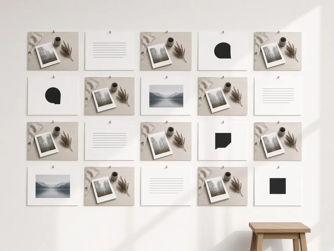 Rows of printed slides pinned to a white studio wall