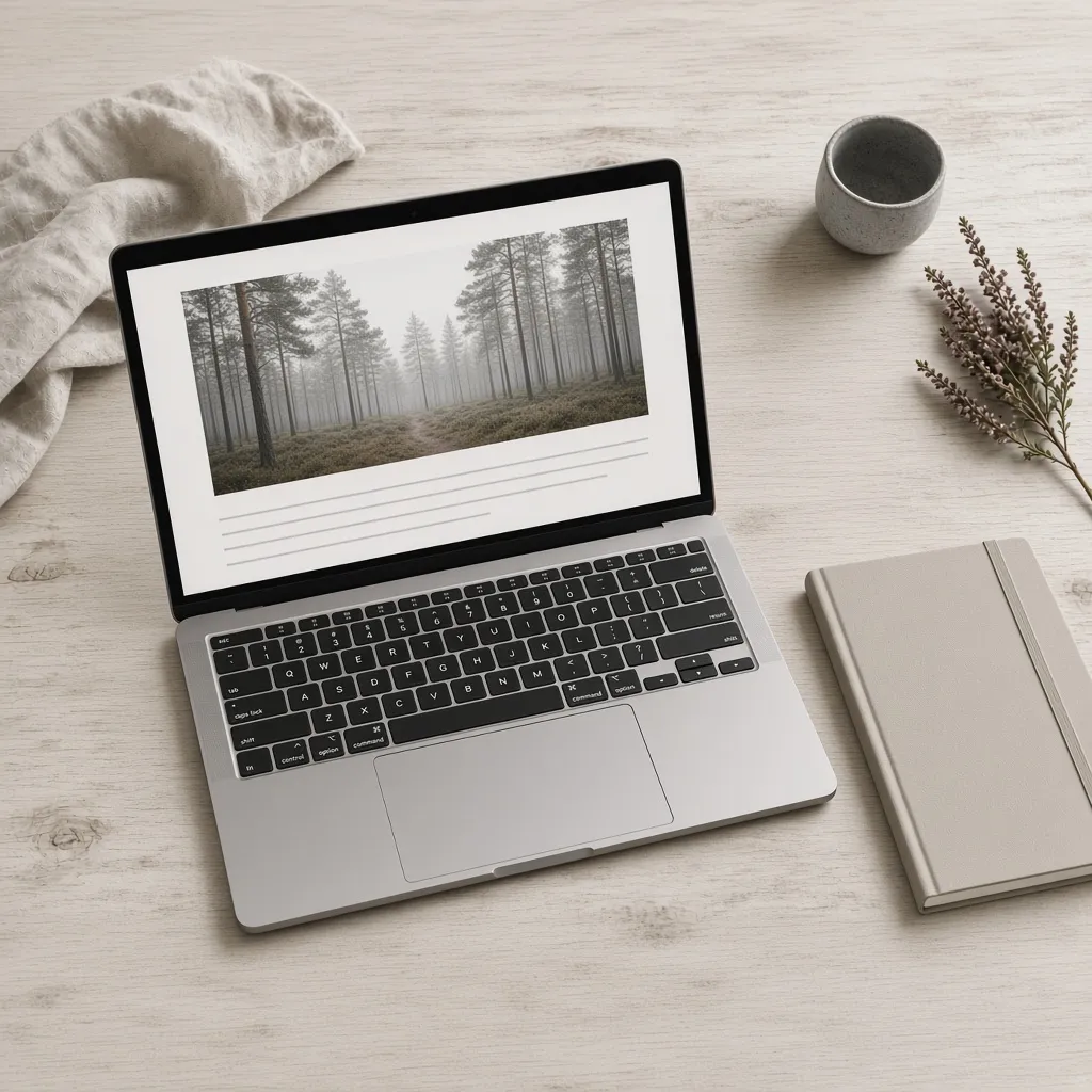 A laptop showing a slide with a misty forest photo on a birch table