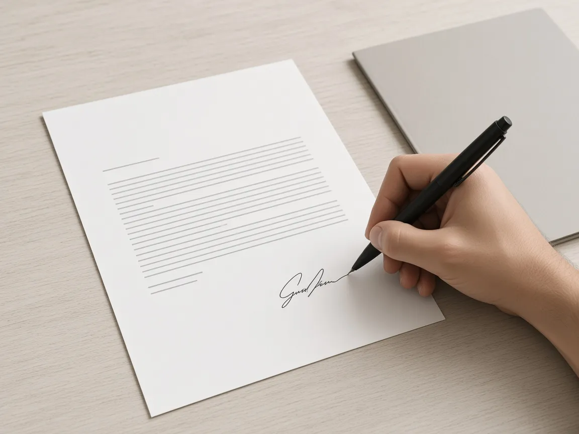 A hand signing a printed contract with a black pen