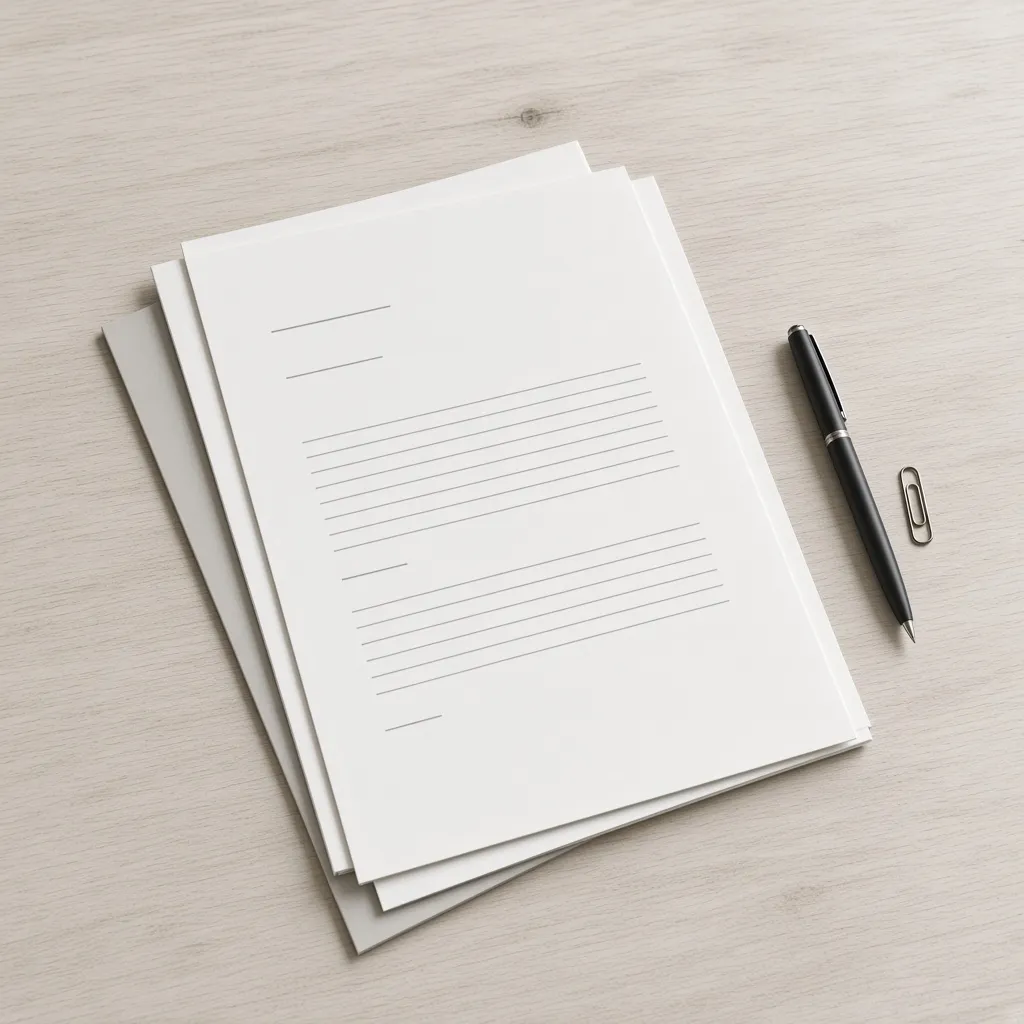 A stack of printed documents beside a black pen and a paper clip