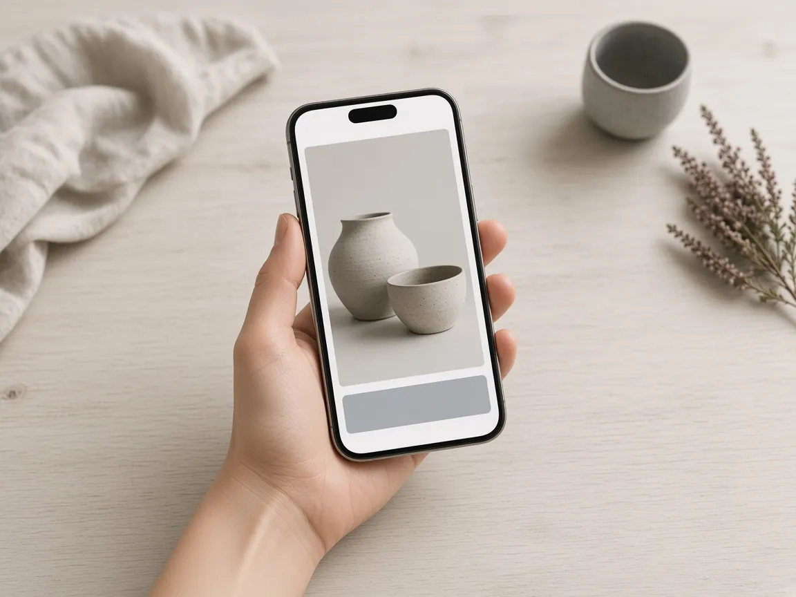 A hand holding a phone showing a post with pale stoneware