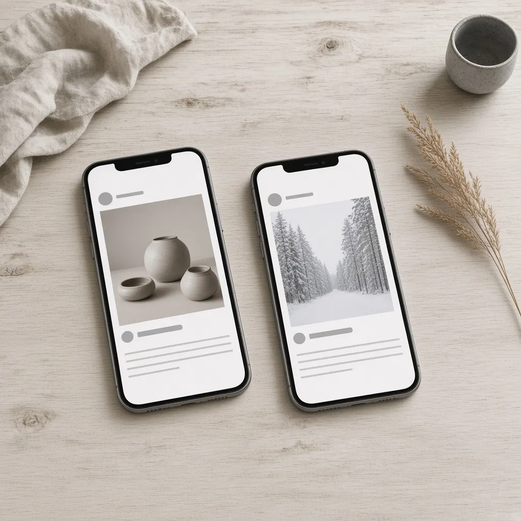Two phones showing calm square posts with stoneware and a snowy forest