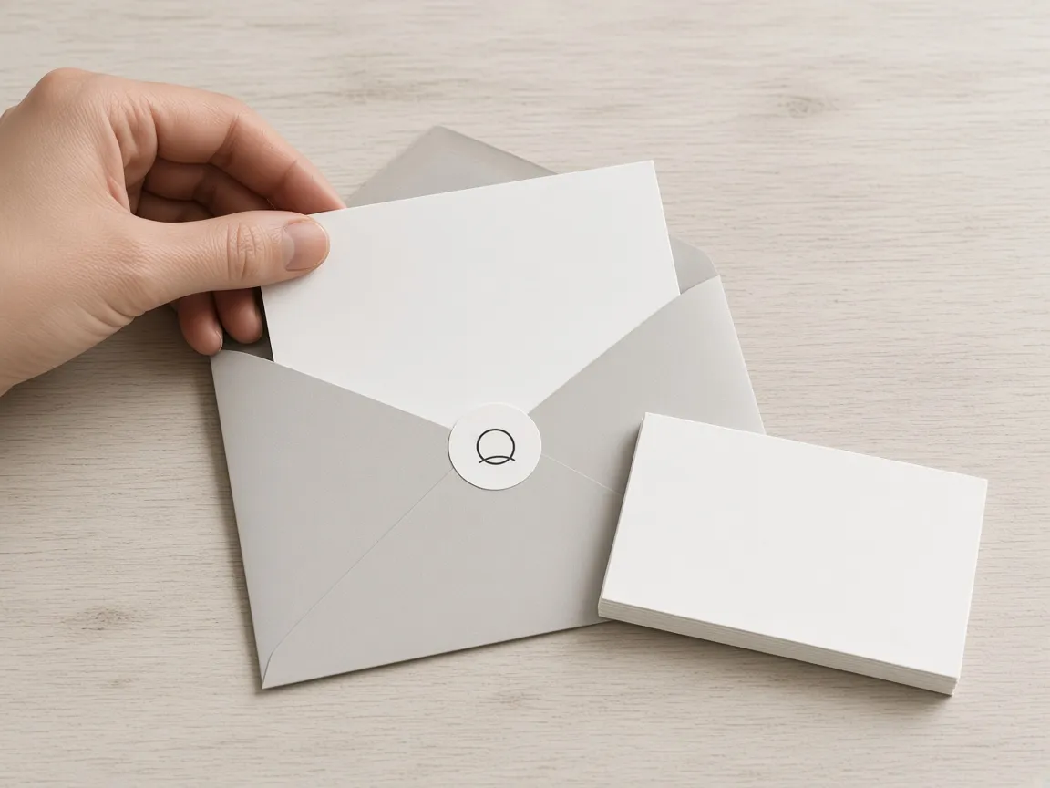 A hand sliding a letter into a grey envelope sealed with a sticker