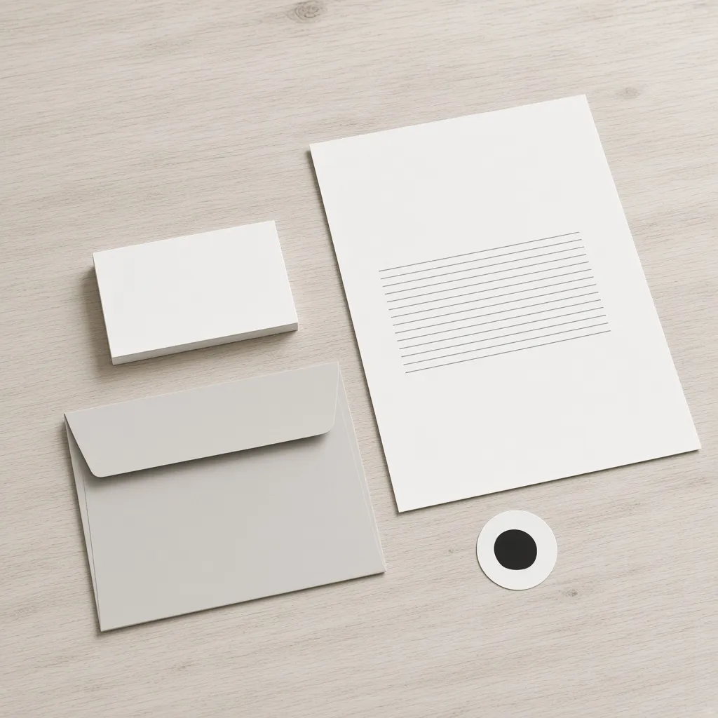 A blank business card, letterhead, grey envelope and round sticker
