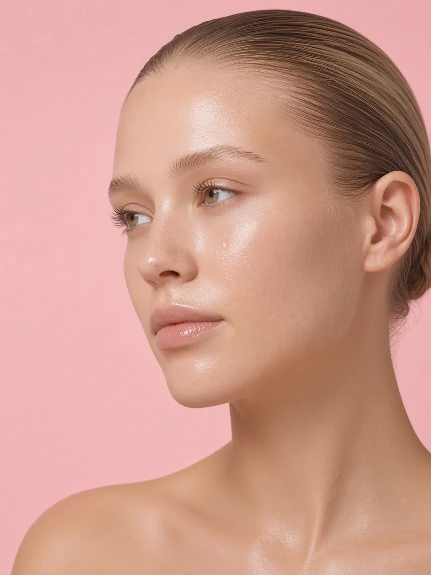 A woman in profile with slicked-back hair and a drop of water on her cheek