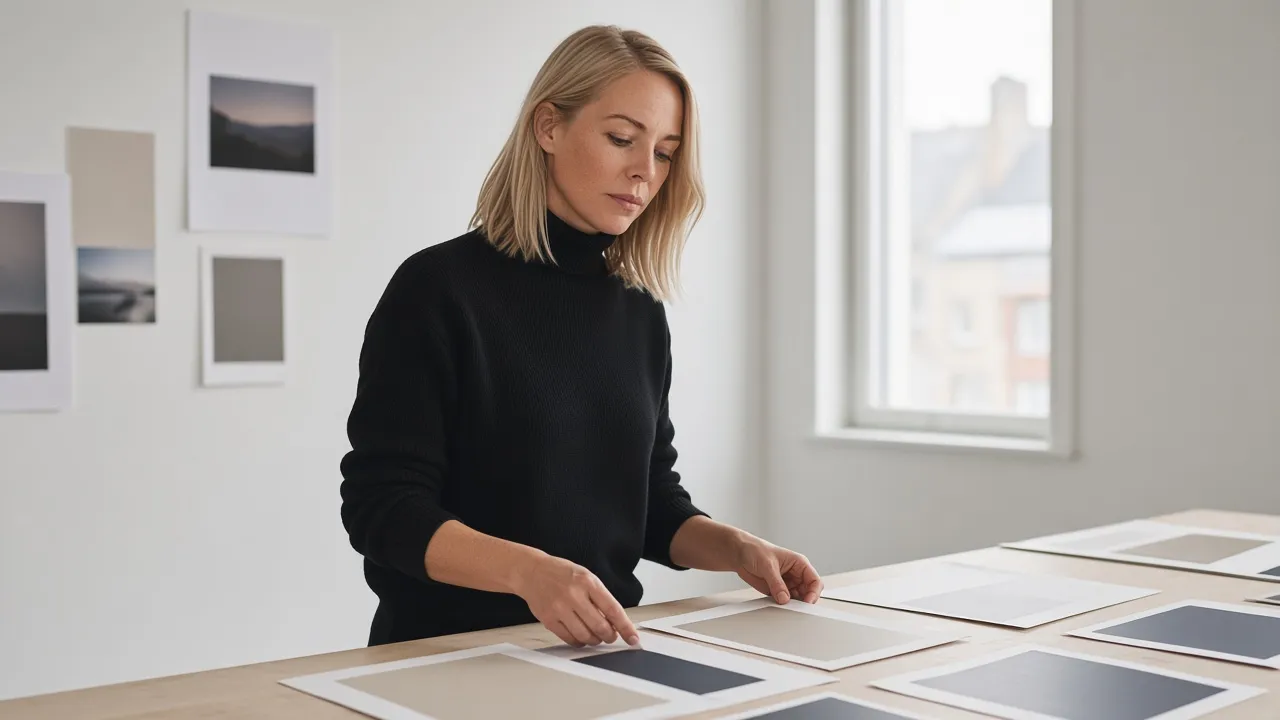 Ingrid arranging printed proofs on a long birch worktable in her studio