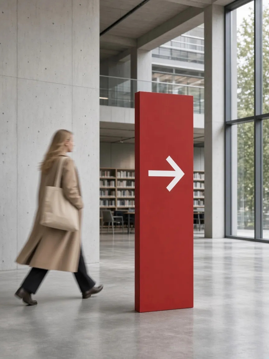 A woman in a camel coat walking past a red sign column