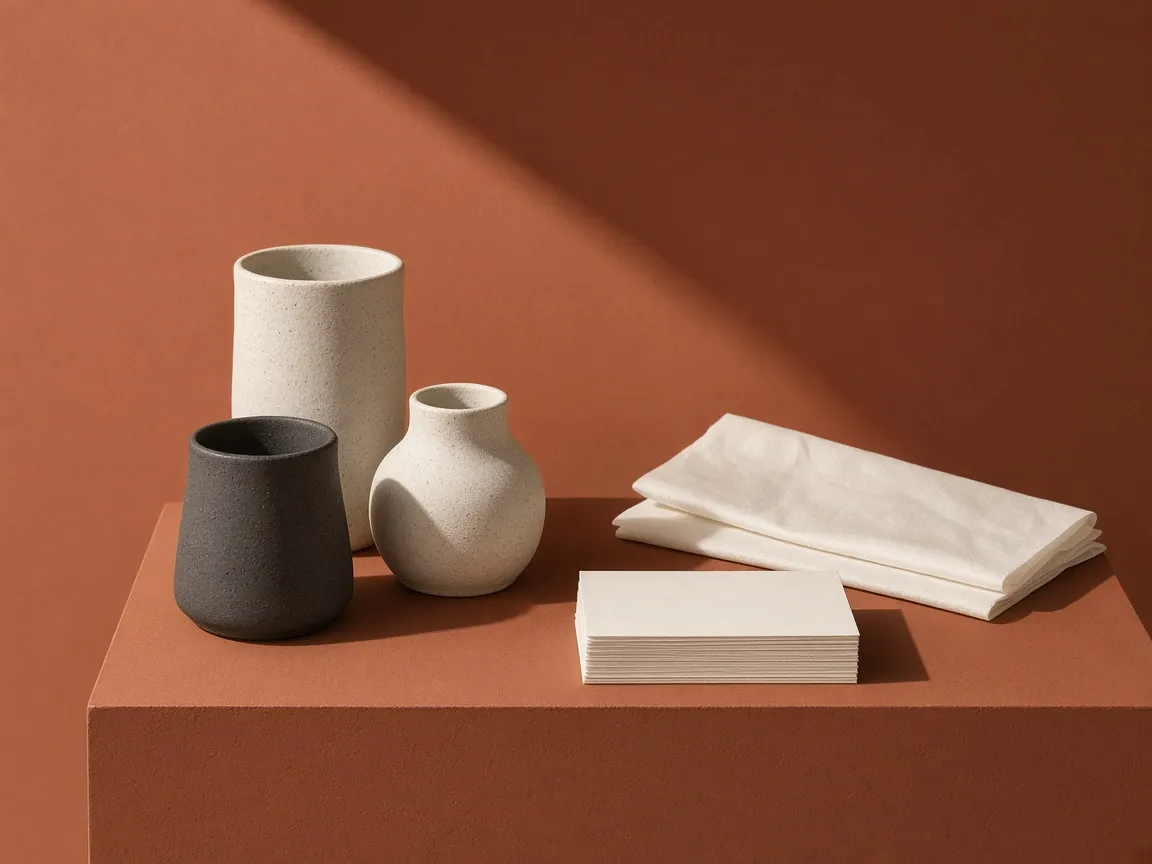 Stoneware vessels and blank cards on a terracotta plinth