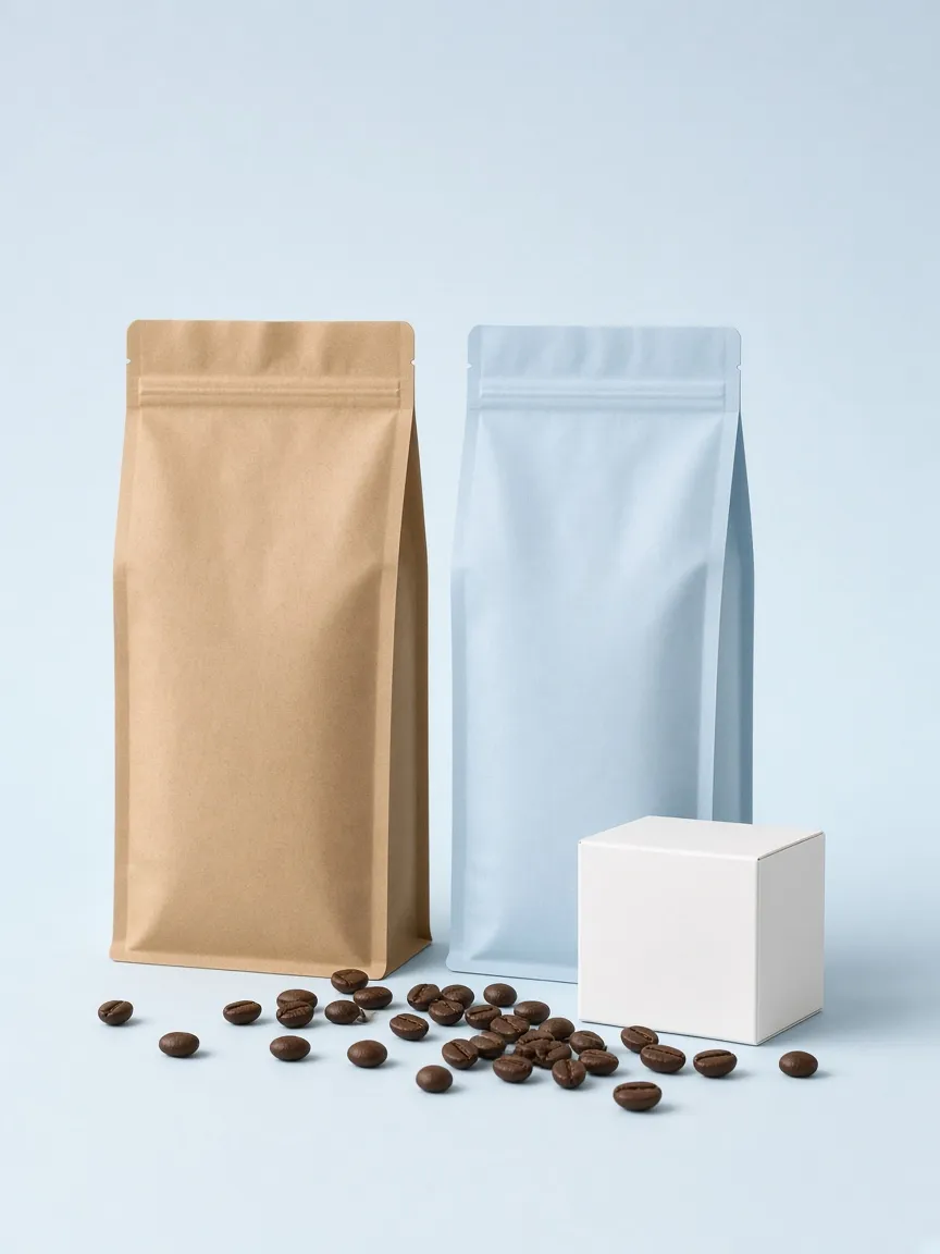 Kraft and pale blue coffee bags beside a white box and roasted beans