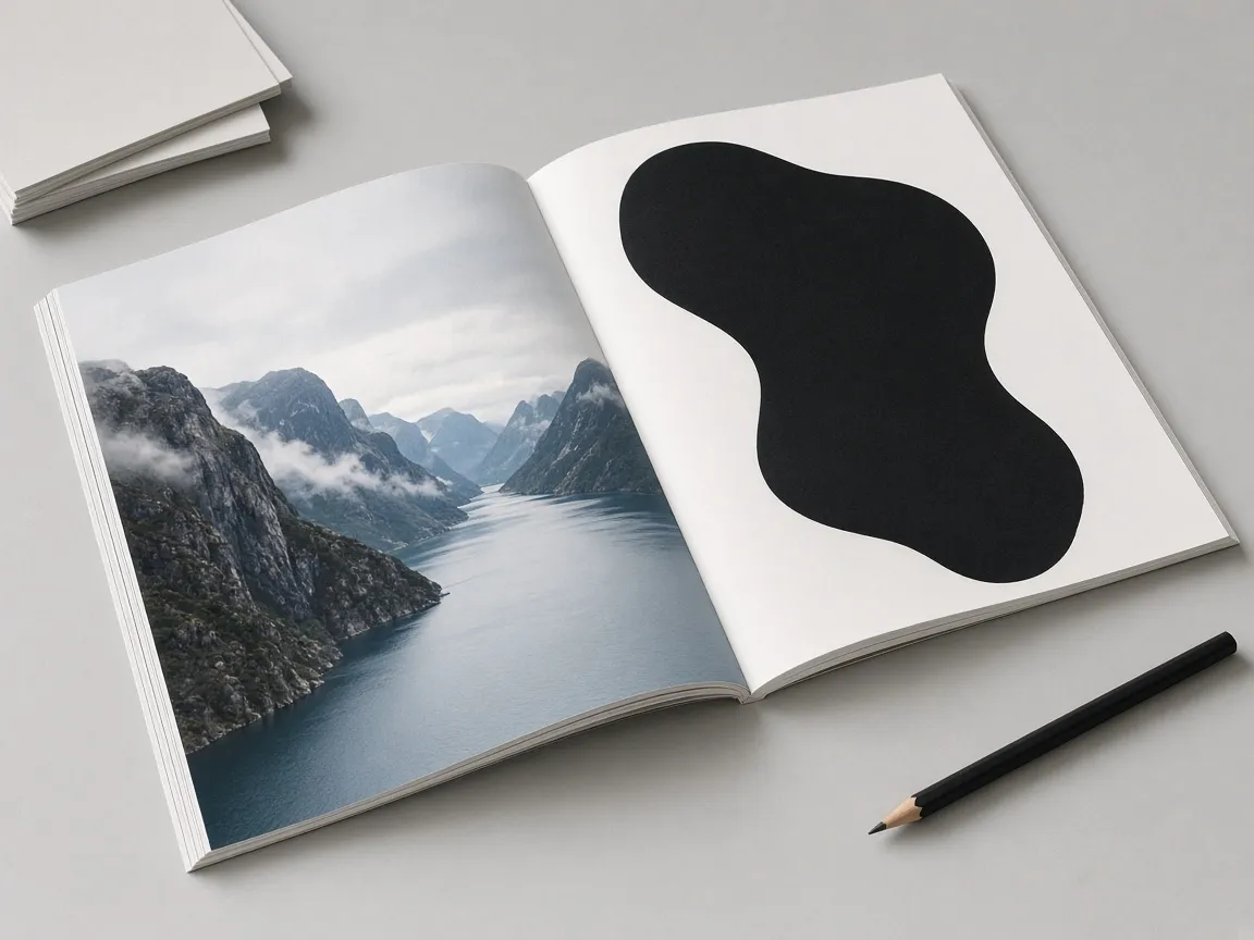 An open magazine with a fjord photograph and a black shape