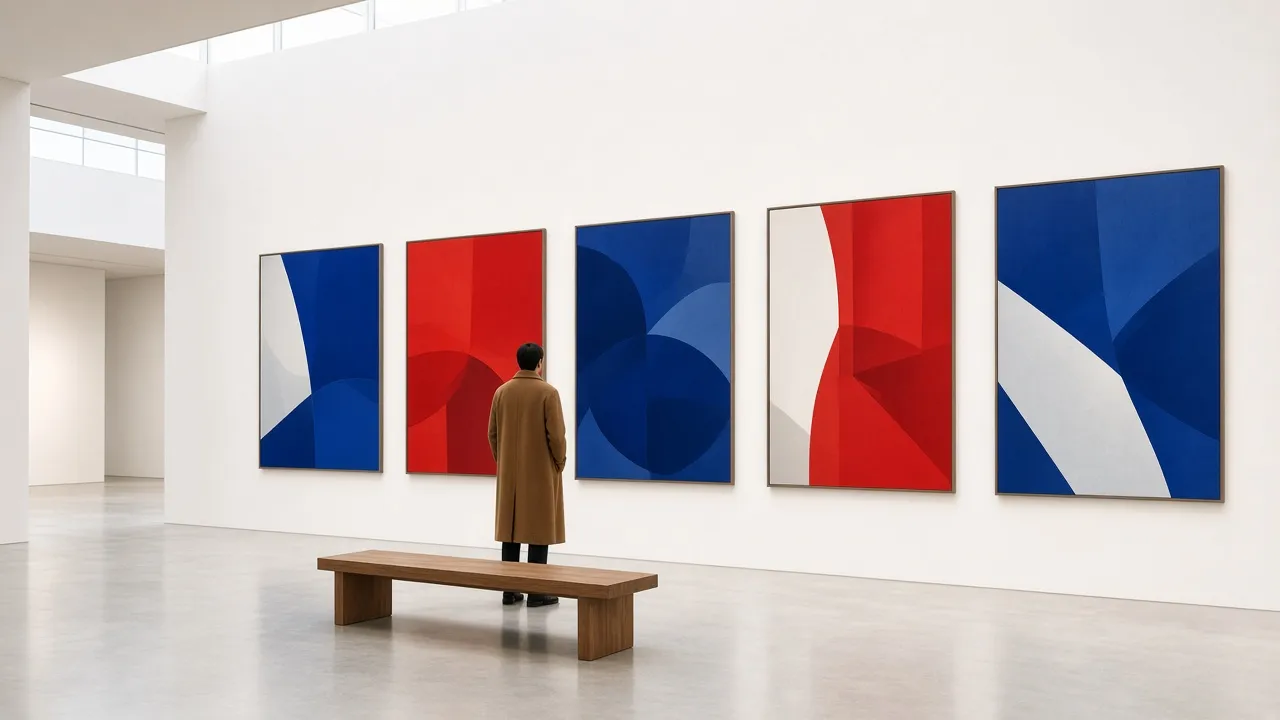 A visitor in a camel coat facing a row of red and blue posters