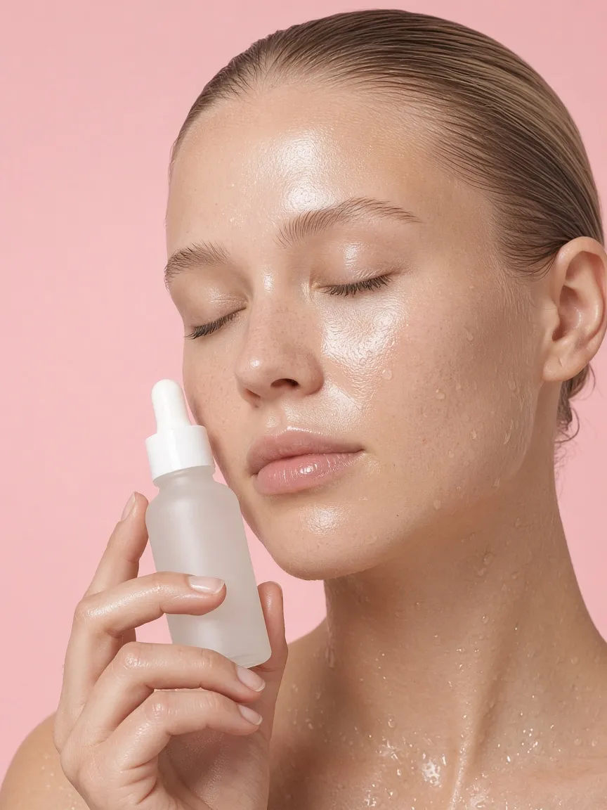 A woman with wet hair holding a frosted dropper bottle to her cheek