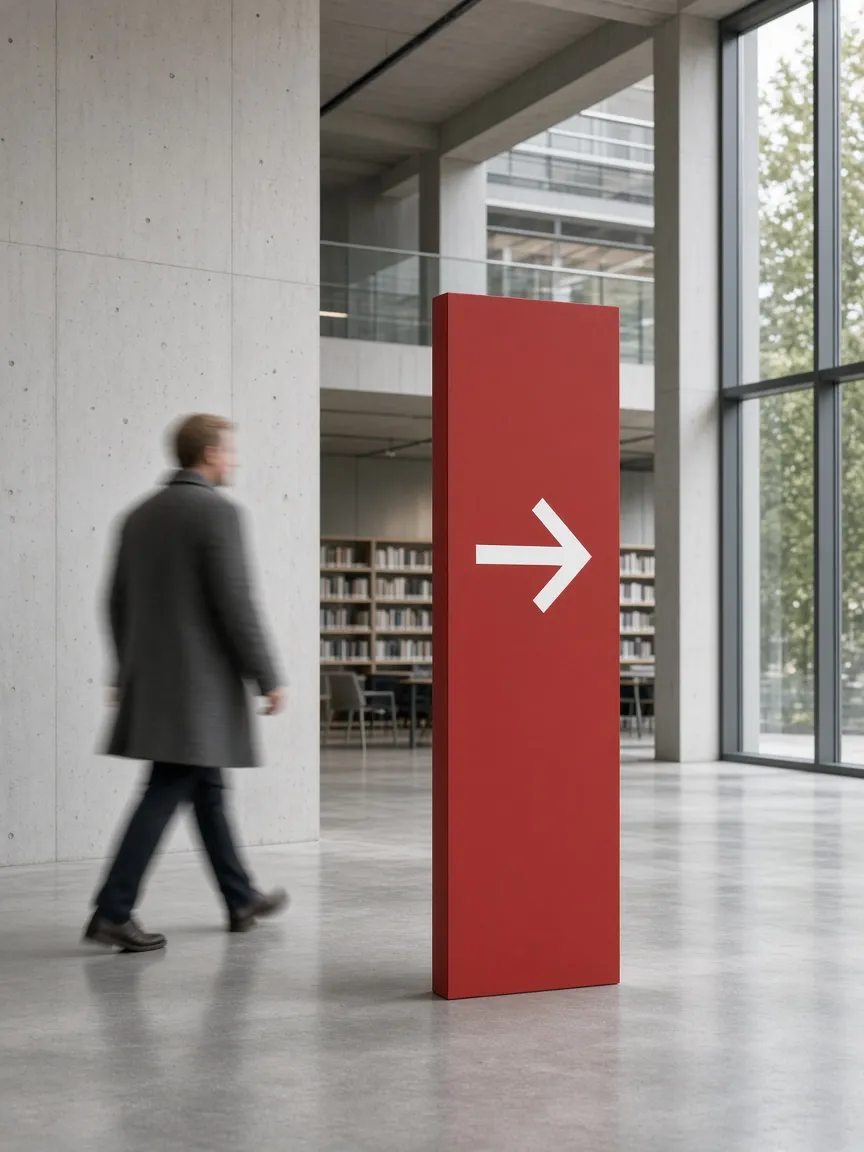 A red sign totem with a white arrow in a concrete library atrium