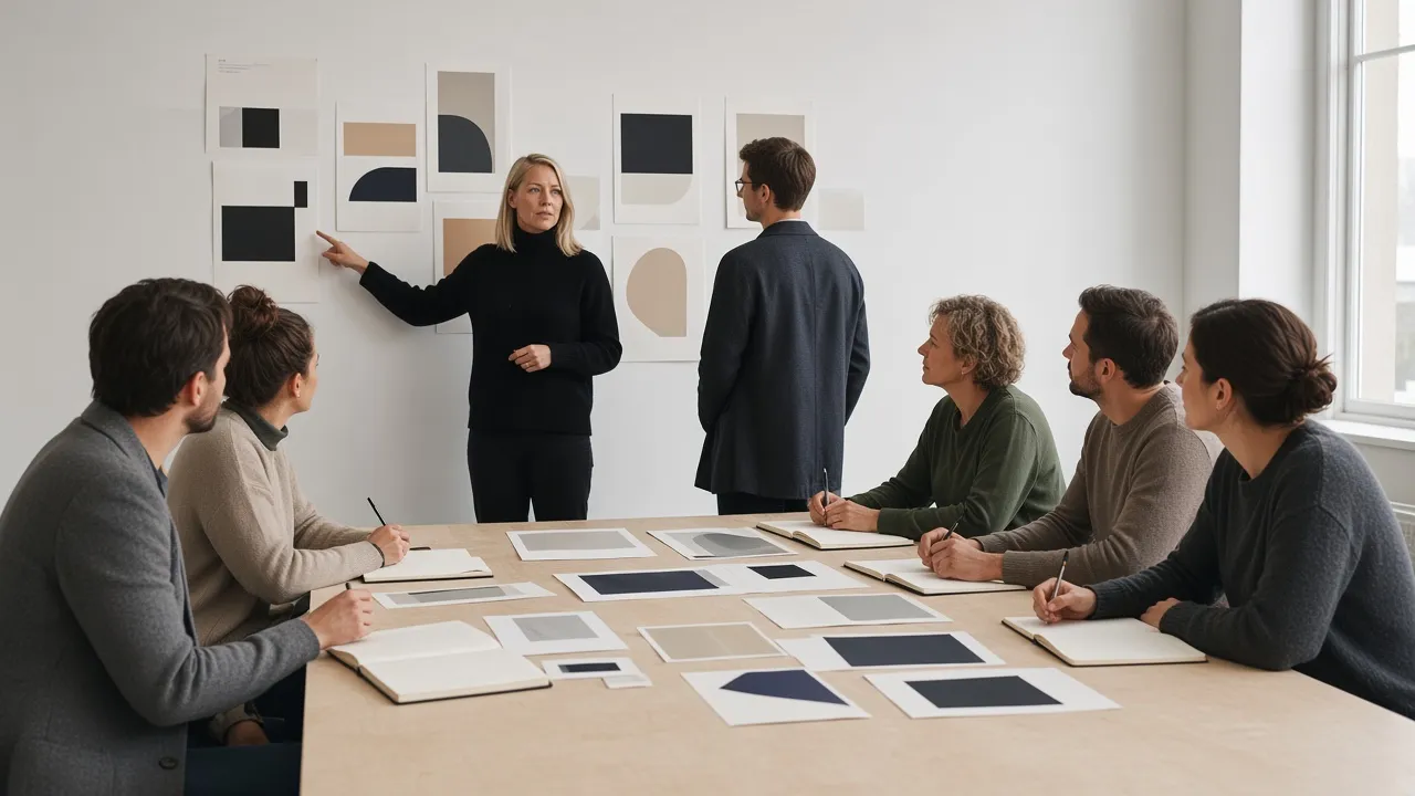 Ingrid pointing at pinned layouts while a team works around a long table